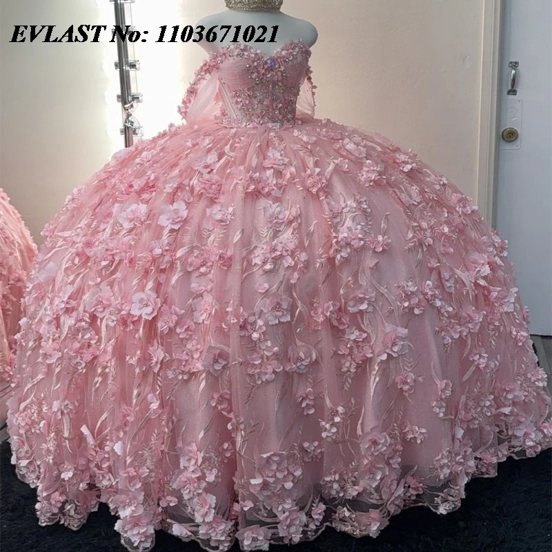 EVLAST Мексиканское розовое платье Quinceanera бальное с 3D цветочной аппликацией и