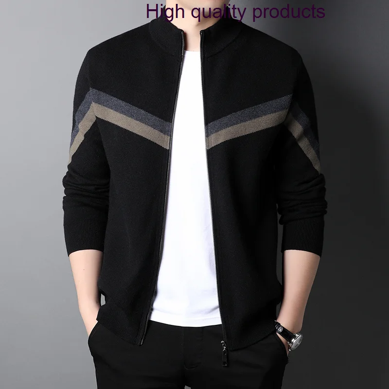 

Collar Stand Zipper Men's Knitted Autumn Winter Contrast Color Casual Male Cardigan Sweater Fashion Man Clothes