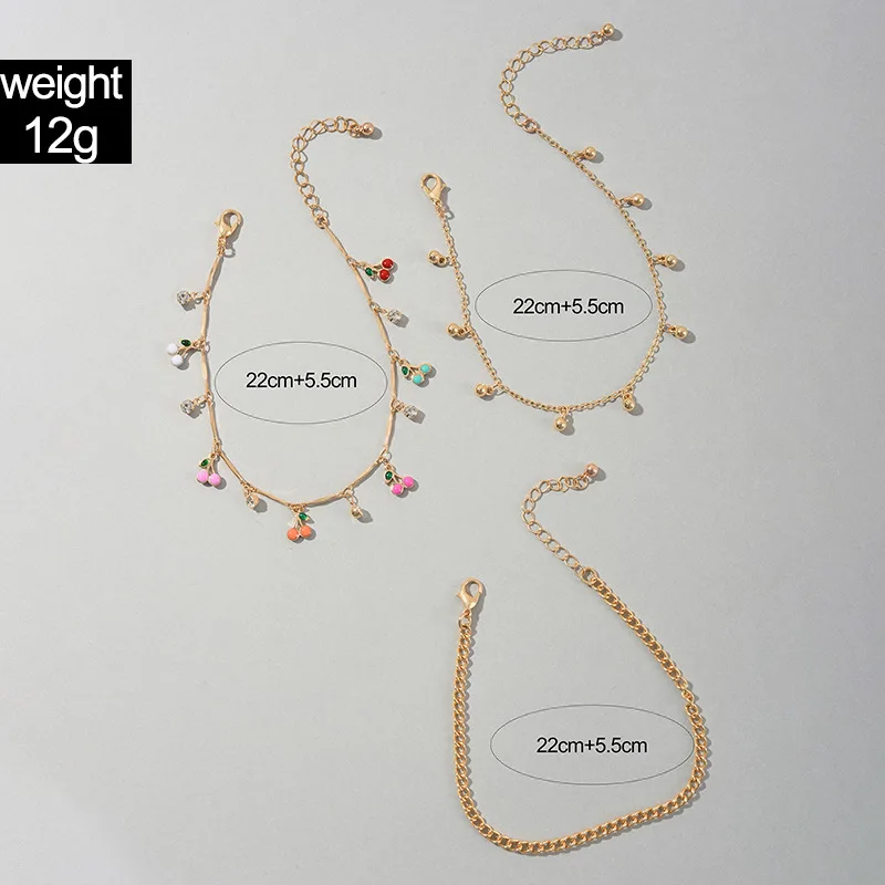 New European and American Coloured Oil-dripping Cherry Ball Pendant Chain Triple Anklet with Diamond Multi-layered Footwear