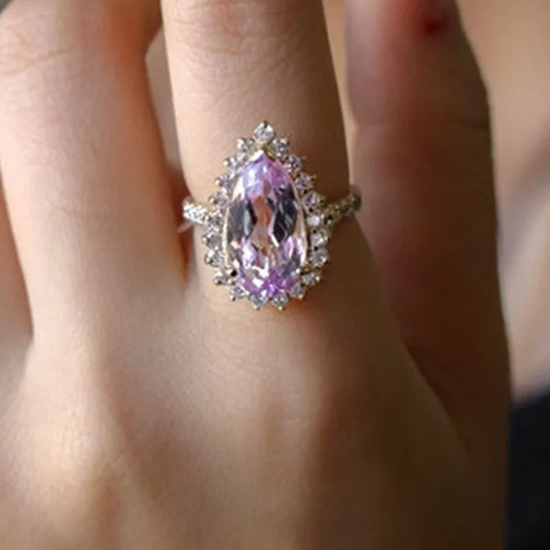 

Elegant Pink Faceted Water Drop Shaped Crystal Ladies Ring with Shiny Rhinestone CZ for Women Party Wedding Jewelry