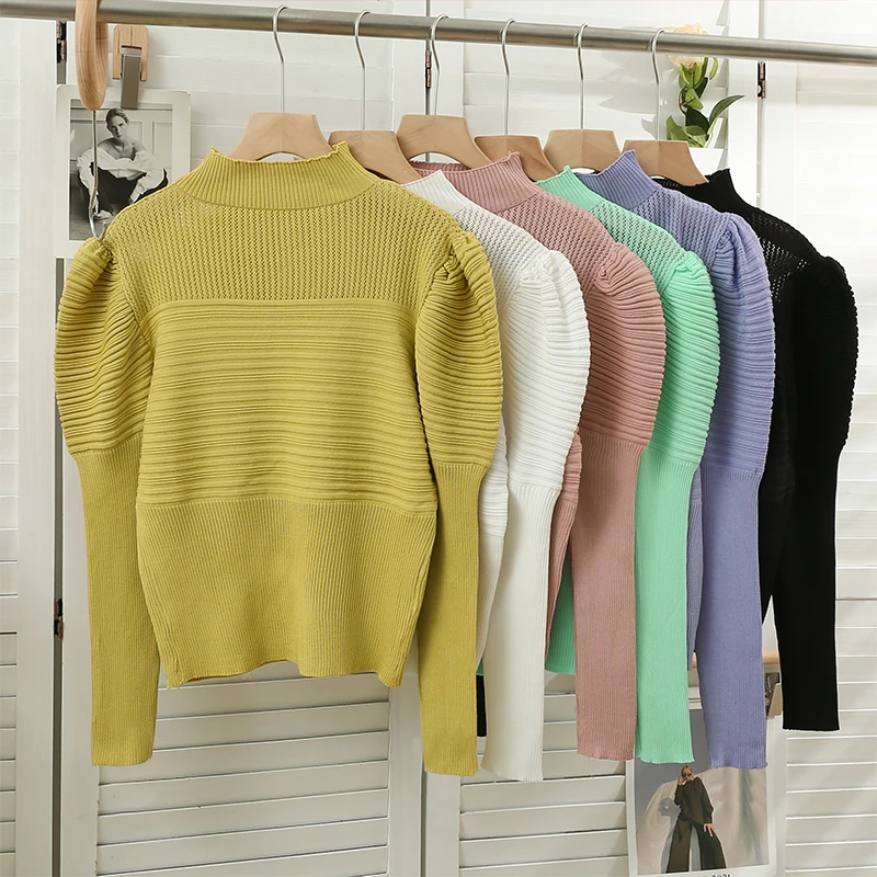 

Hikigawa Chic Fashion Women Retro Short Length Slim Fit Thin Knitted Sweater Autumn Mock Neck Long Sleeve Pullover Top Mujer