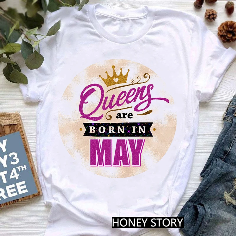

WVIOCE Women Clothing Golden Crown Queen Are Born In January To December Graphic Print T-Shirt Tshirt Femme Birthday Tops 33233