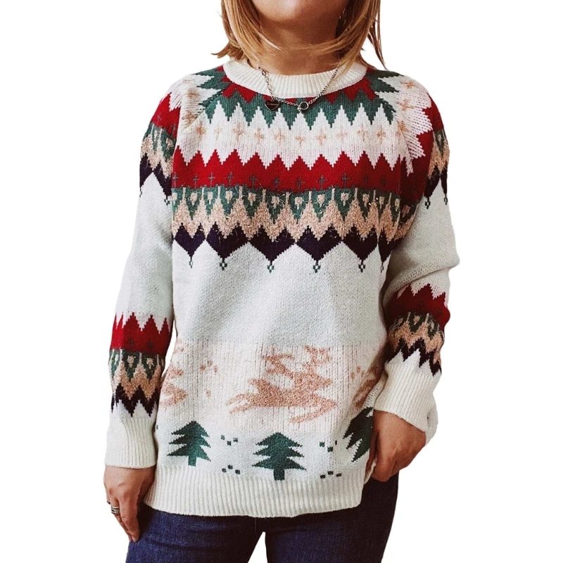 

Женский женский вязаный пуловер, рождественский свитер, вязаные топы с длинным рукавом и круглым вырезом