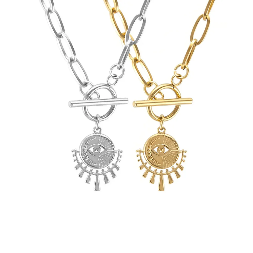 

Stainless Steel Evil Eye Necklaces Gold/Silver Color Metal Evil Eye Necklace Heavy Duty Chain Toggle Choker Collar Never Fade