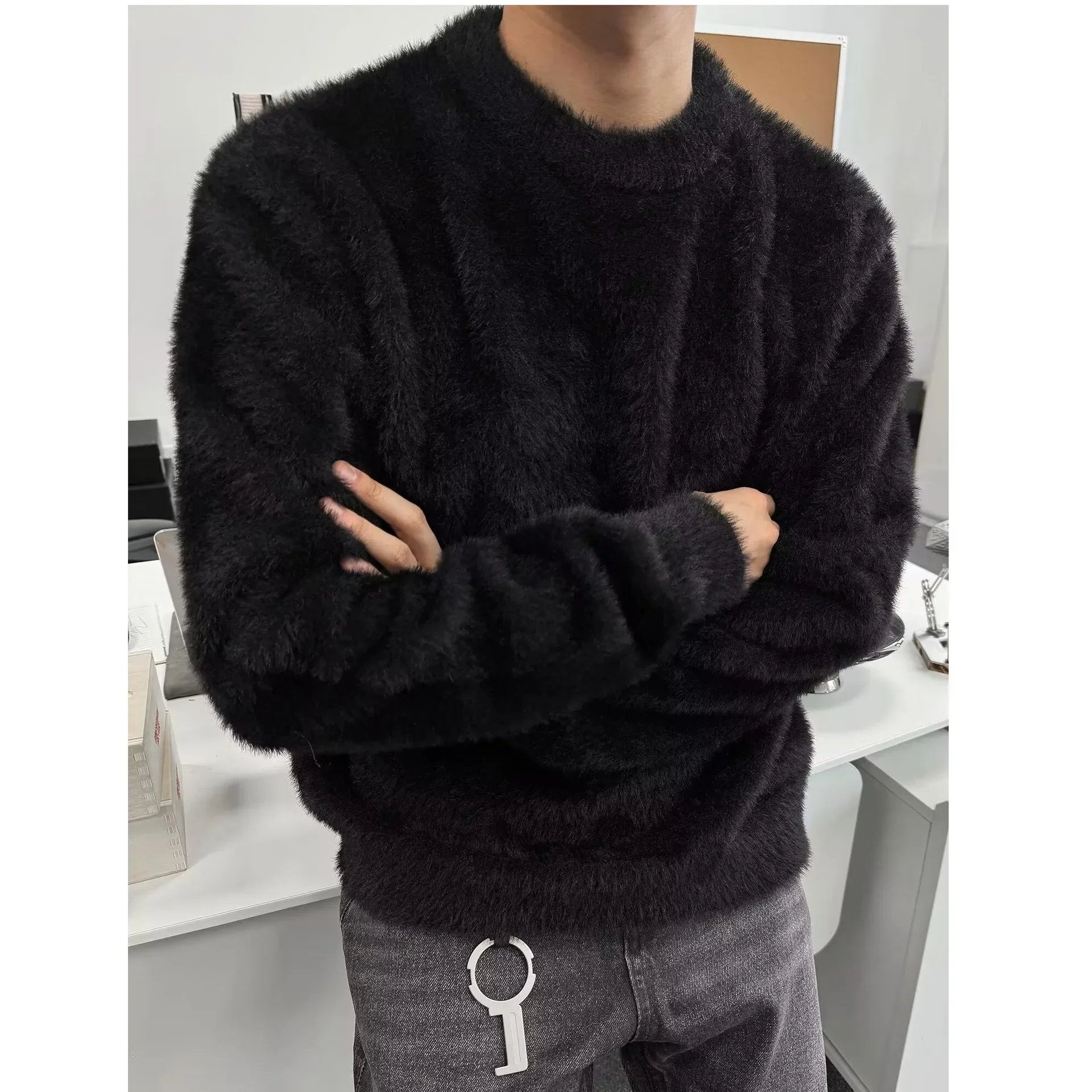 Осень/зима мужской новый стильный вязаный свитер с круглым вырезом