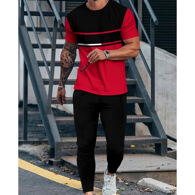 New Arrival Men's Sportswear Trousers Sets Outfit 2 Piece Sets T shirts Trousers Mens Sports Sets Short T Shirts+Long Pants Sets