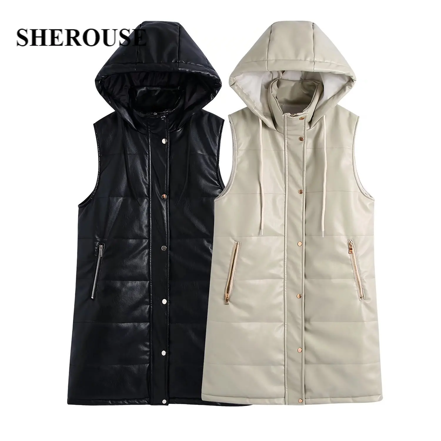 

SHEROUSE Women Fashion Hooded Faux Leather Long Waistcoat Vest Casual Woman Sleeveless PU Jacket Chic Lady Winter Warm Outfits