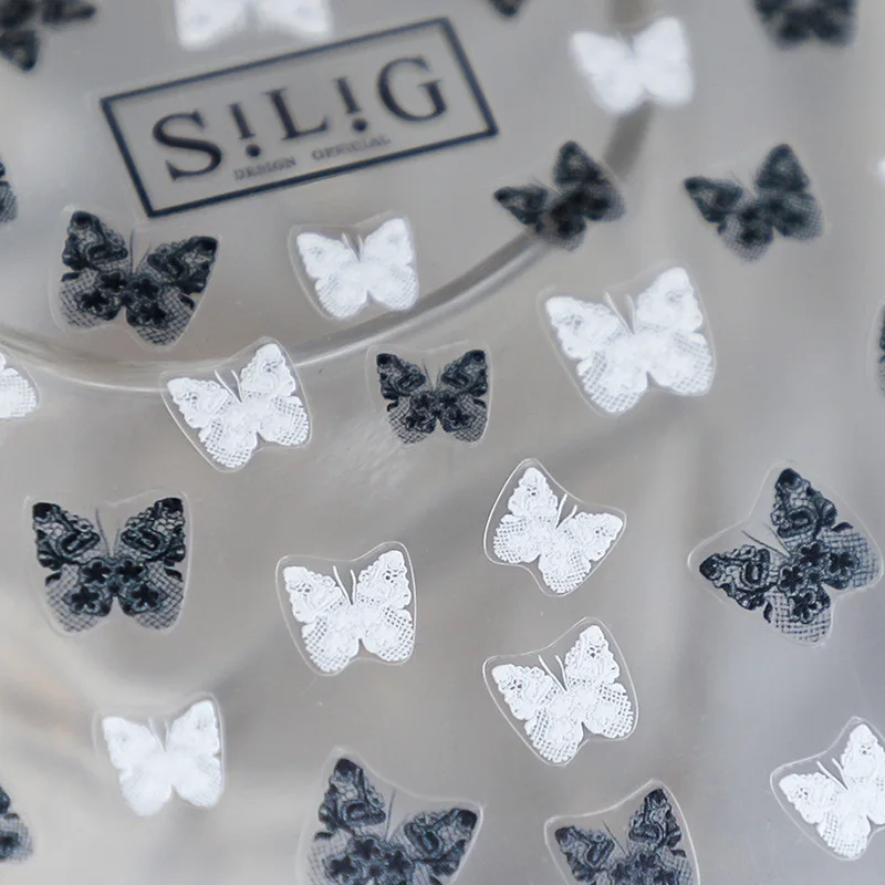 

1 Sheet Realistic Romantic Elegant Black White Lace Butterfly Adhesive Nail Art Stickers Decals Manicure Ornaments Accessories
