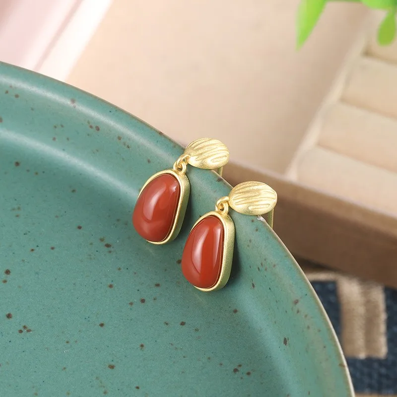 

ES120 ZFSILVER 925 Silver Korean Fashion Fresh Hetian Jasper South Red Agate Irregular Geometry Earrings Jewelry Women Match-all
