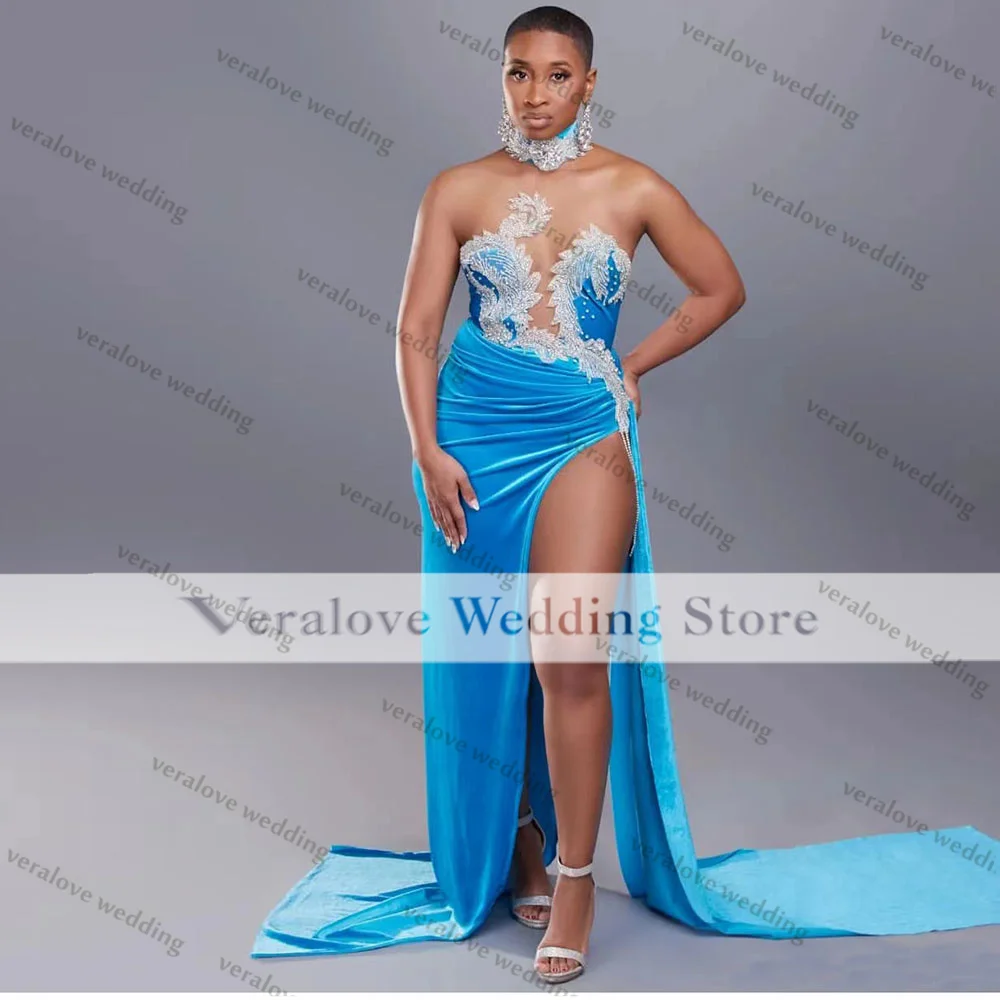 

Платье для выпускного вечера Aso Ebi для женщин, вечерние платья с лямкой на шее и разрезом, платье с красным ковровым покрытием для африкански...