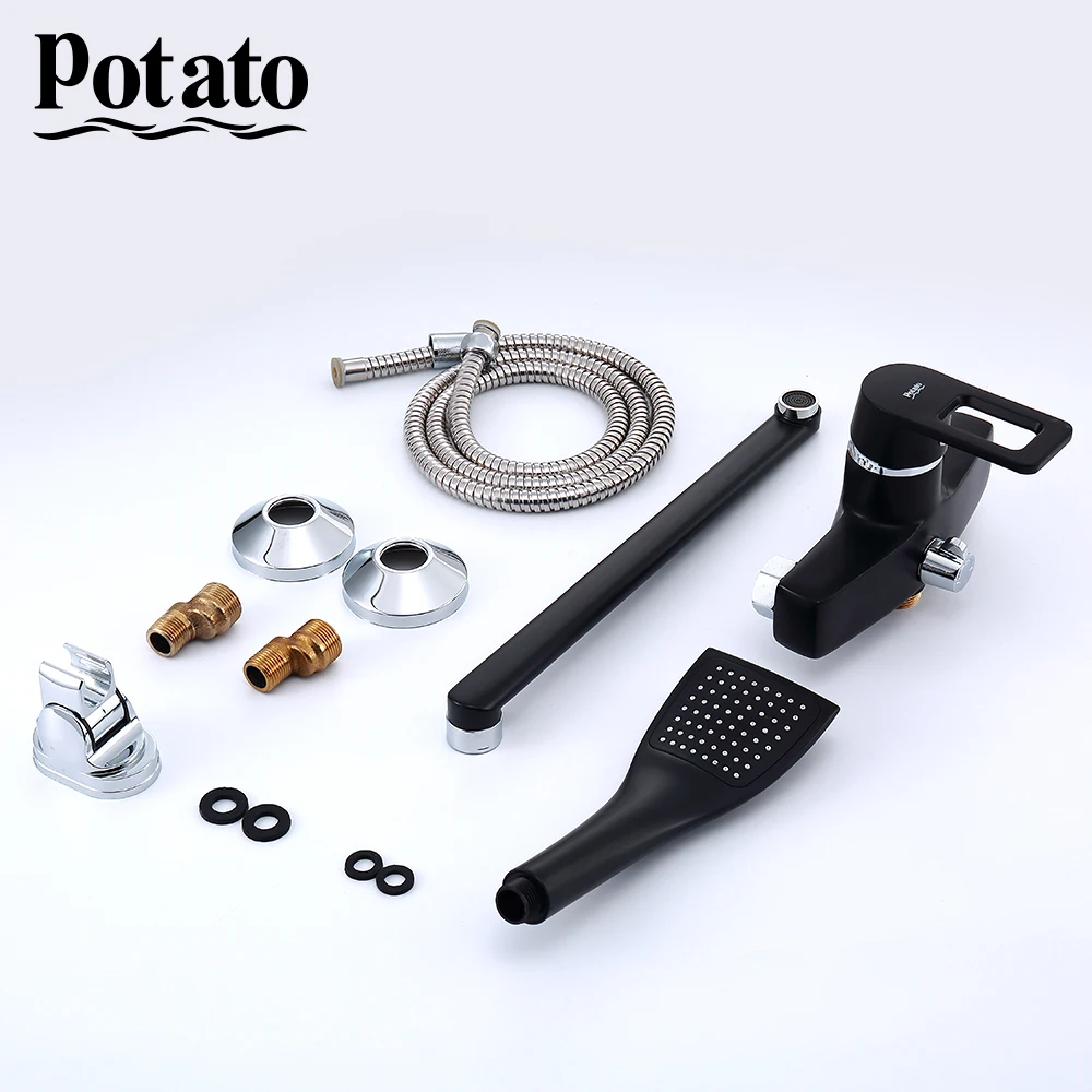 potato bathroom shower faucet set black or white one handle cold and hot water wall mounted bathtub faucet shower head p2230 free global shipping