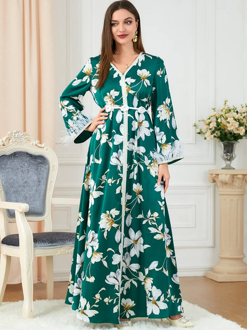 Women Muslim Abaya Floral Print Full Sleeve Elegant A-Line Belted Dress Moroccan Kaftan Ladies Dresses Islamic Clothing Ramadan