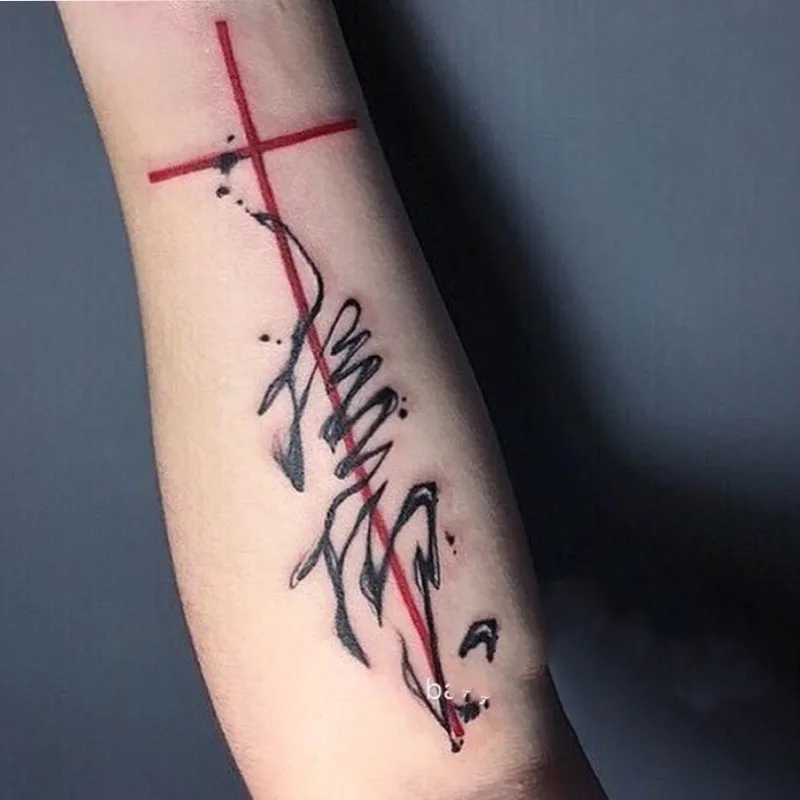 Waterproof Temporary Tattoo Stickers Red Cross Chinese Characters Tattoo Flash Tattoo Arm Female Male vintage tattoo flash