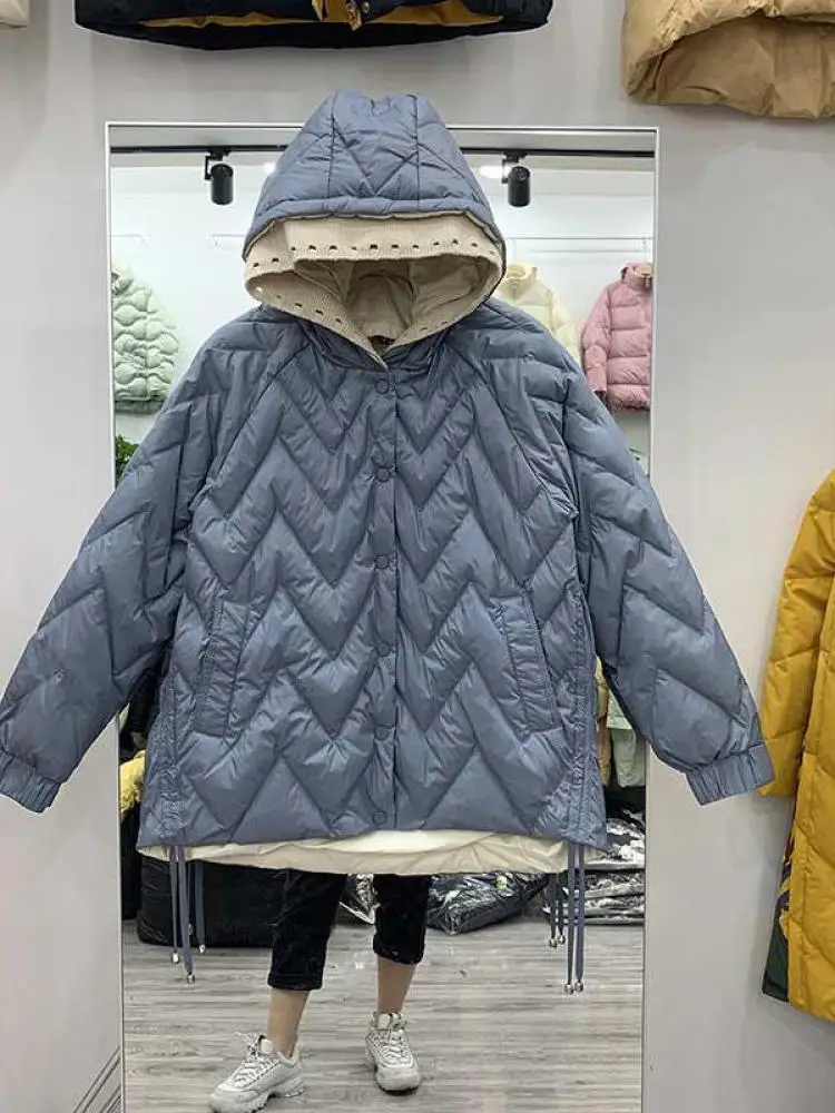 

New Winter Hooded Coat Women White Duck Down Jacket Drawstring Loose Parker Warm Autumn Outwear Fashion Puffer Coat