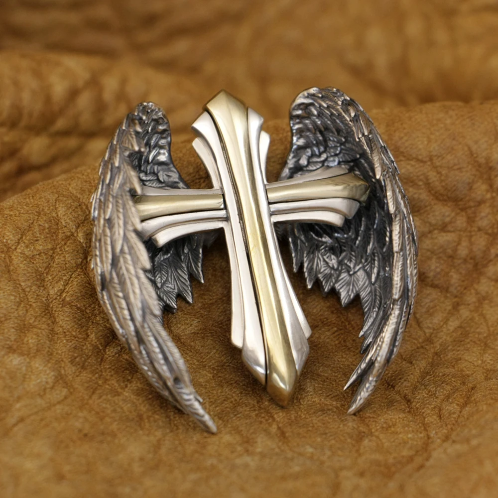 

LINSION Brass Accessory 925 Sterling Silver Huge Cross Angel Wings Pendant Biker Punk Jewelry TA411