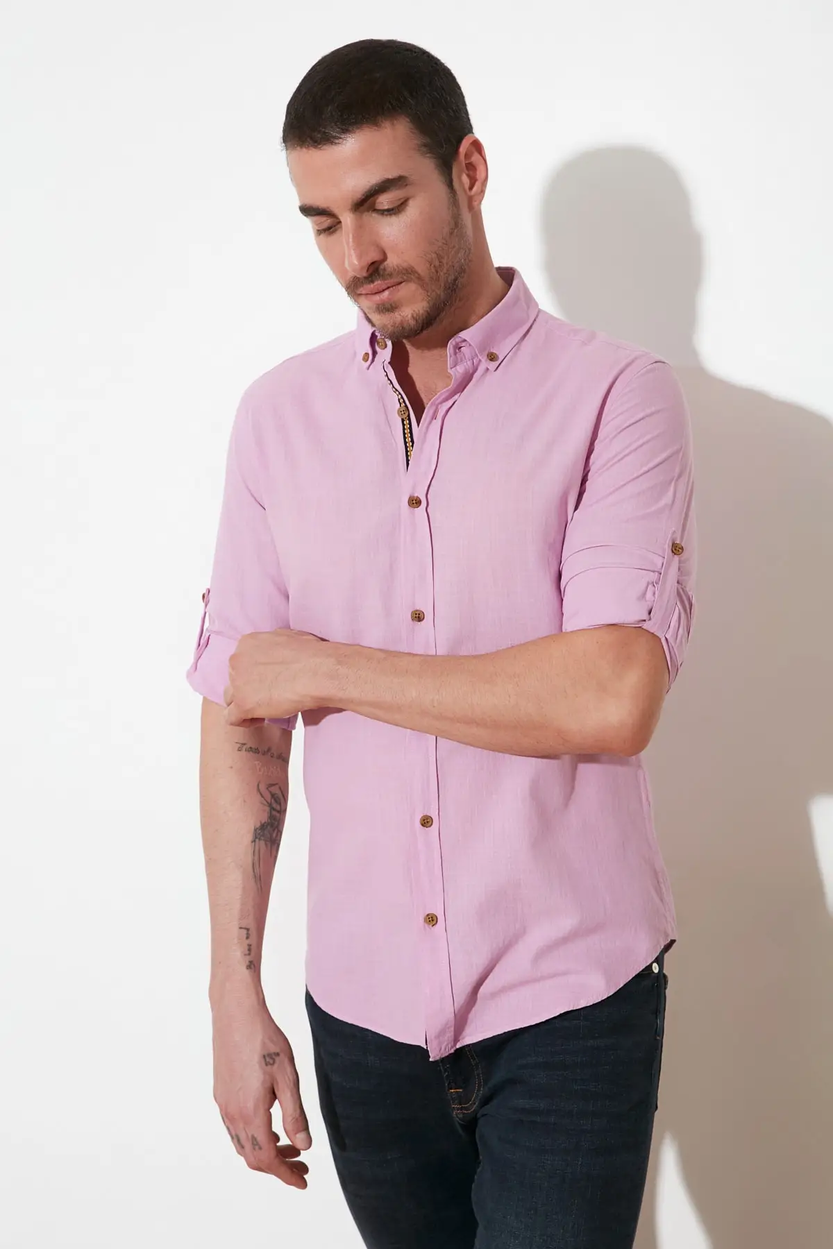 Trendyol Male Button Collar Epaulets Slim Fit Long-Sleeve Shirt TMNSS20GO0189