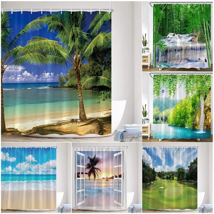 

Coconut Trees Beach Shower Curtain Dusk Sea Wave Forest Bamboo Waterfall Natural Landscape Wall Hanging Bathroom Decor Curtains