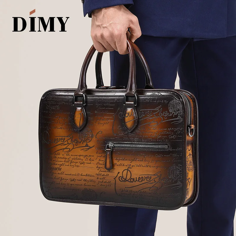 DIMY Handmade Laptop Bags Man's Briefcases Genuine Cow Leather Business Case Totes Fashion Style Zipper Shoulder Bag For Men