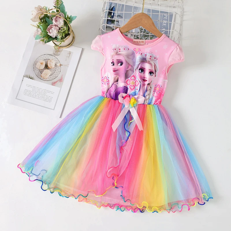 

Elsa Anna Princess Dress for Girls Summer Kids Cartoon Print Rainbow Lace Party Dresses 3-7Y Vestidos Children Frozen Clothes