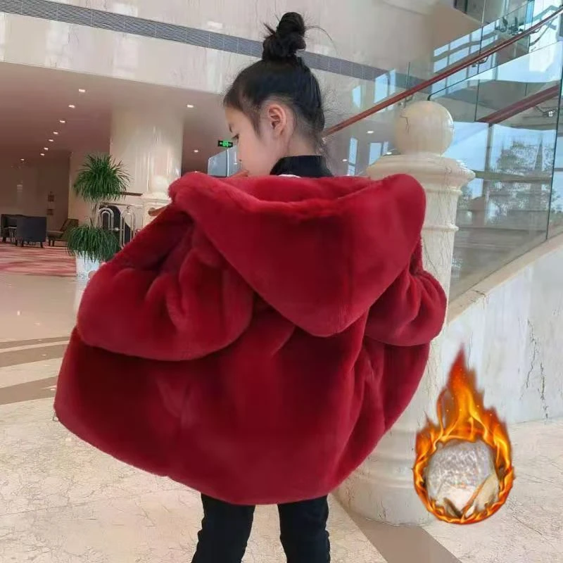 

New Style Toddler Baby Girls 2022 Winter Cute Fleece Warm Faux Fur Coat Children's Clothes Fashion Cute Hooded Outerwear C90