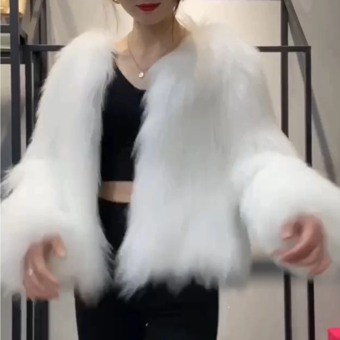 White Raccoon Woven Real Fur Handmade Short Coat Long Sleeve Warm Fashion Winter Women's Fur Coat White Age Reducing Jacket