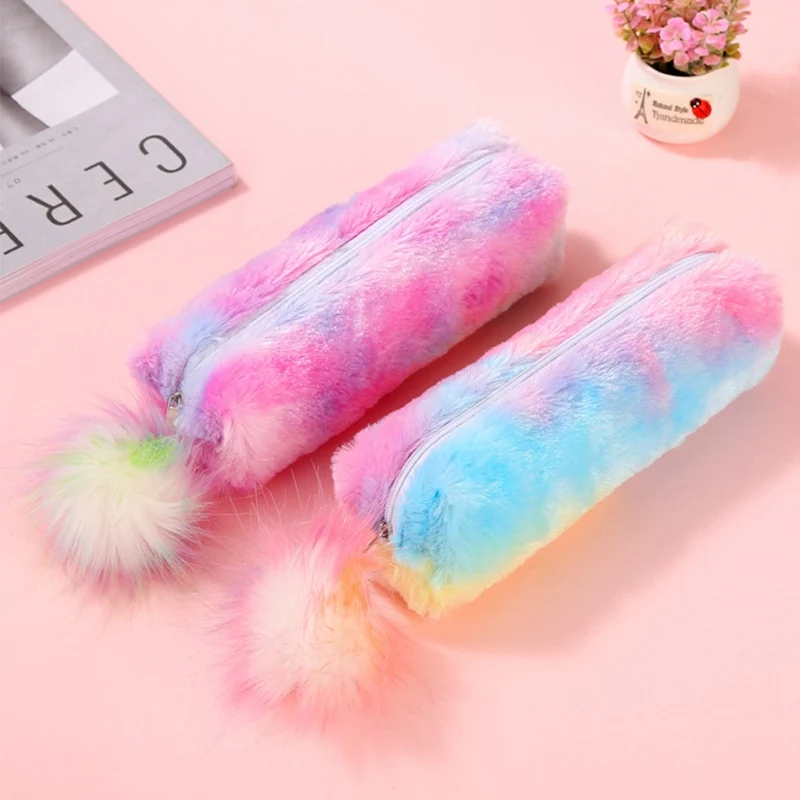 

1PC Cute Rainbow Plush Pencil Case with Zipper Kawaii Pink Pencil Bag Pencil Pouch for Student Office School Stationery Supplies