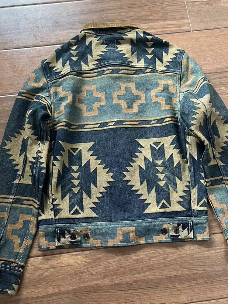 RRL 30th Anniversary Western Style Jacquard Heavy Washed Denim Jacket American Retro Coat Corduroy Collar
