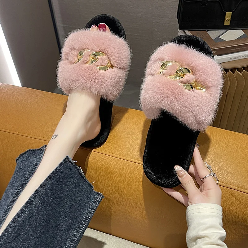 A Word Slippers 2022 New Female Fur Flat Bottom Slippers Hair Open Cotton Slippers Fur Slippers Versatile Slippers Warm Slippers