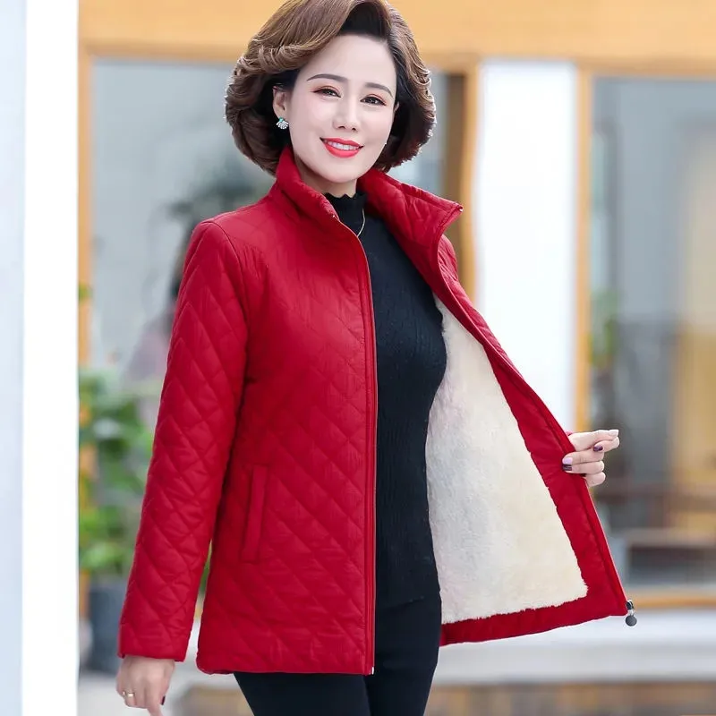Autumn Winter Jacket Women 2023 New Solid Plus Velvet Cotton Padded Coat Thin Short Jacket Middle-aged Female Tops