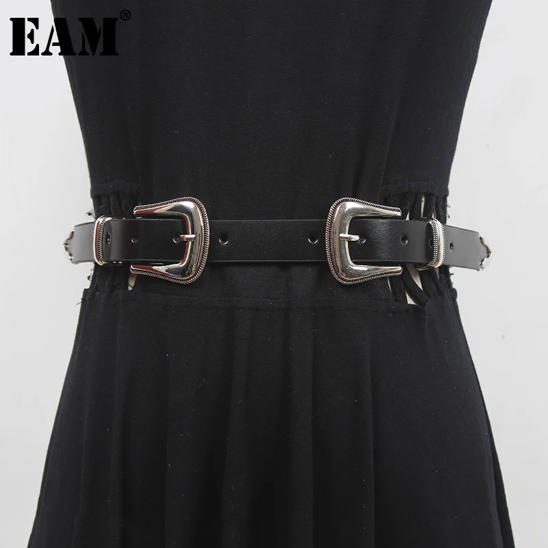 

[EAM] Pu Leather Black Double Buckle Long Wide Belt Personality Women New Fashion Tide All-match Spring Autumn 2023 1DF2597
