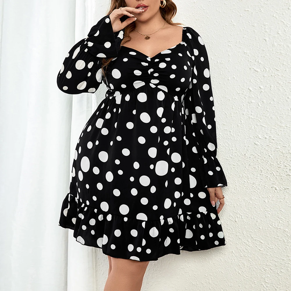 

Plus Size Women Polka Dots Dress Long Sleeve Knee Length Autumn Square Collar Vintage Loose Elegant Dresses XL -4XL