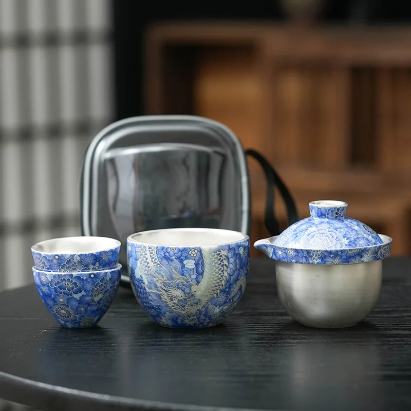 Фото Серебряный чайный сервиз Longteng Shengshi, портативный дорожный сервиз, ручная роспись, синий и белый серебряный чайный сервиз, быстрая чашка, один горшок, три чашки №1