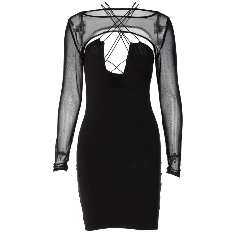 Summer Women Mini Dress Sexy Hollow Out Long Sleeve Backless Halter Bandage Hot Slim Party Club Streetwear Two Pieces Set
