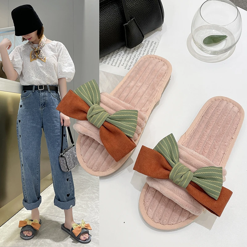 

New 2023 Fairy Style New Autumn and Winter Colored Bow Knot Korean Flat Bottom Cotton Slippers