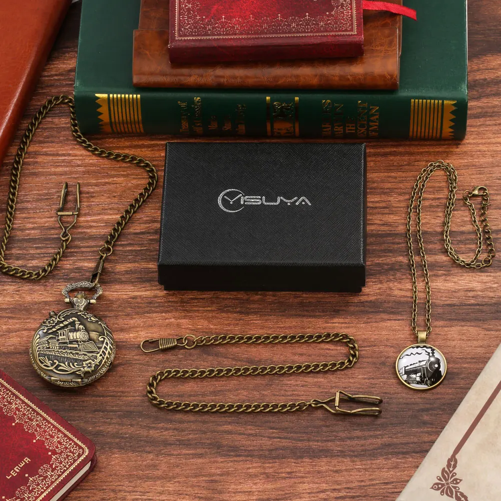 Retro Bronze Quartz Pocket Watch Necklace Gift Set Luxury Luminous LED Pocket Watch Steampunk Train Locomotive Engine Fob Watch