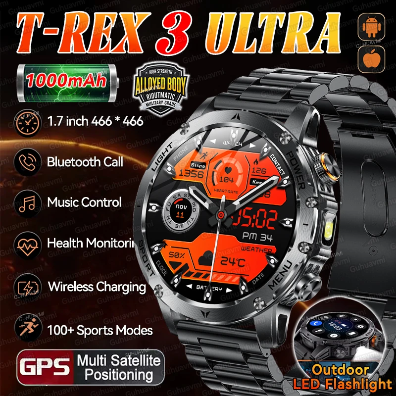 Фото 2025Новые военные T-Rex3 Ultra GPS SmartWatch GPS Сильный фонарик Компас Барометр 5ATM Водонепроницаемый 1000 мАч Спортивный браслет для мужчин №1