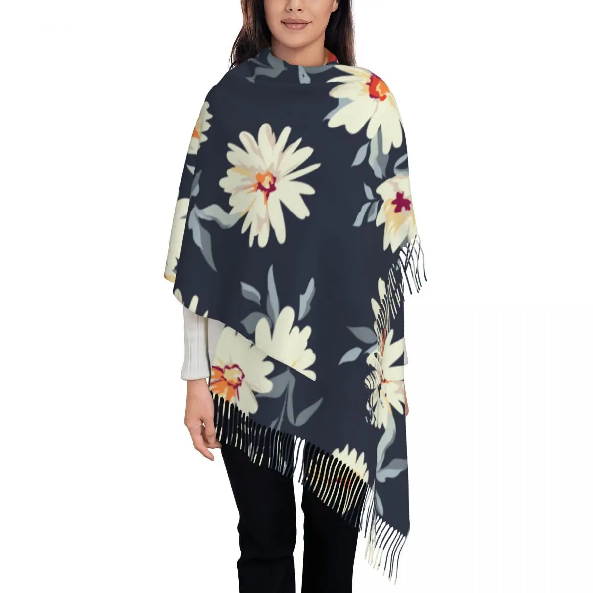 

Women Scarf Pretty Daisy Floral Winter Shawls Thin Wrap Lady Tassel Warm Scarves Hairy Bufanda Stole