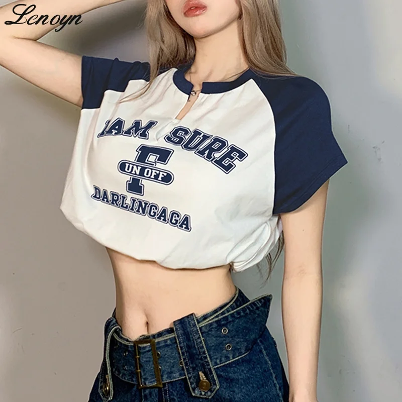 

Lenoyn Academy Style Fresh Spicy Girl Small V-neck Contrast Print Raglan Sleeve T-shirt Casual Open Navel Short Top