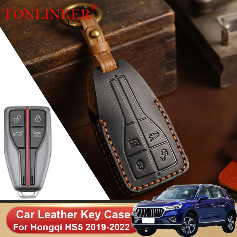 

TONLINKER Car Dedicated Leather Key Case For Hongqi HS5 2019 2020 2021 2022 Holder Shell Remote Cover Keychain Accessories