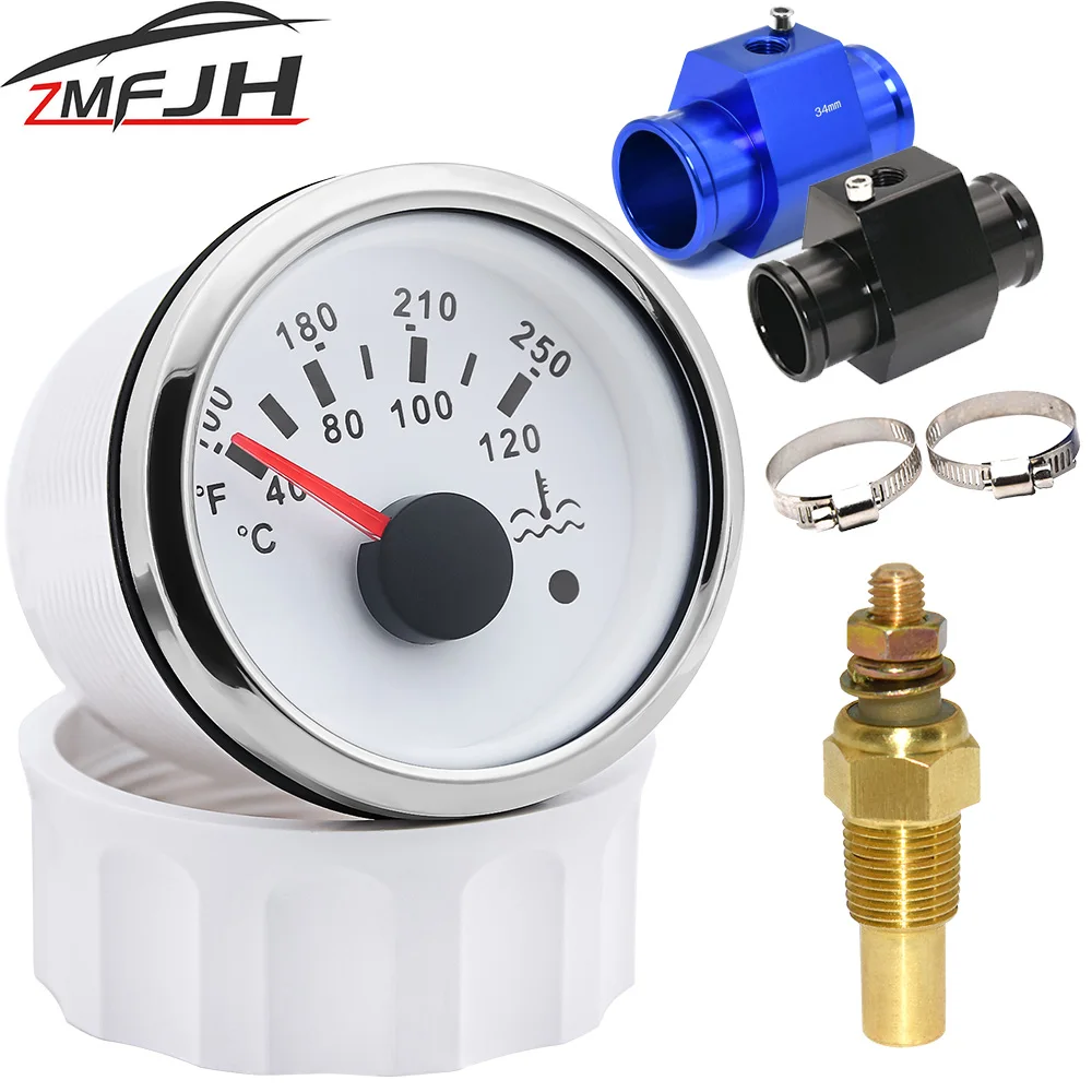 AD 52MM Water Temp Gauge with Alarm 40-120℃ Water Temp Gauge 1/8NPT Temperature Sensor 26-40MM Hose Adapter 9-32V For Boat Car