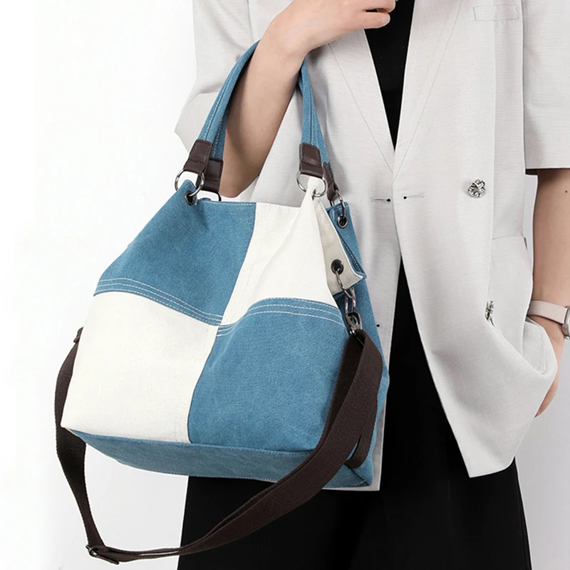 

Women's Handbag Travel Canvas Fashion Large Capacity One Shoulder Contrast Panel Zipper Tote Bag Retro Women's Crossbody Bag New