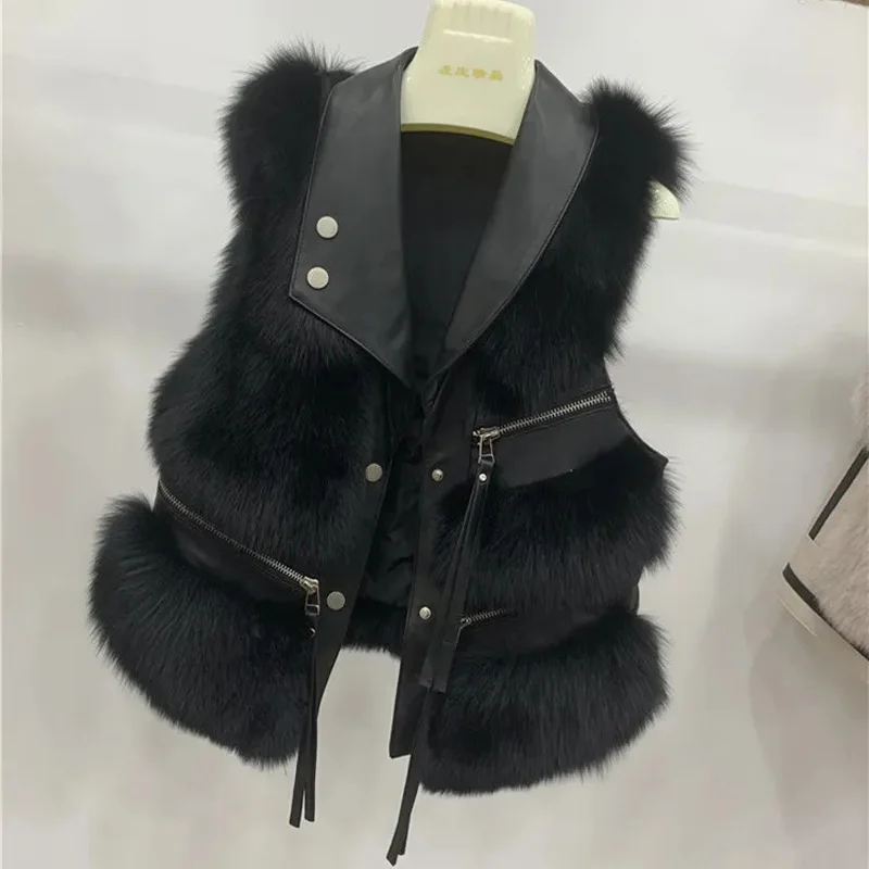 Autumn Winter Sleeveless Short Fox Fur coat Vest Women Vintage Spliced Warm Leather Fur Jacket Vest Female Waistcoat Streetwear