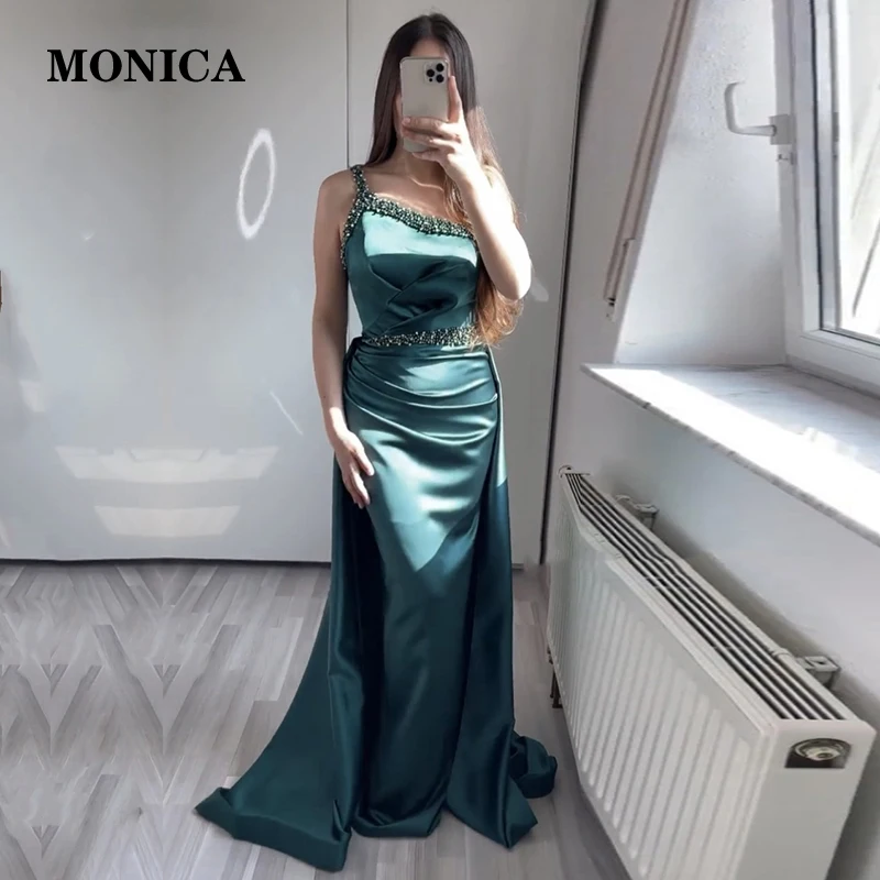 

Eightale Green Evening Dress for Wedding Party Satin Beaded Pearls Long One Shoulder Pleats Elegant Mermaid Prom Gowns