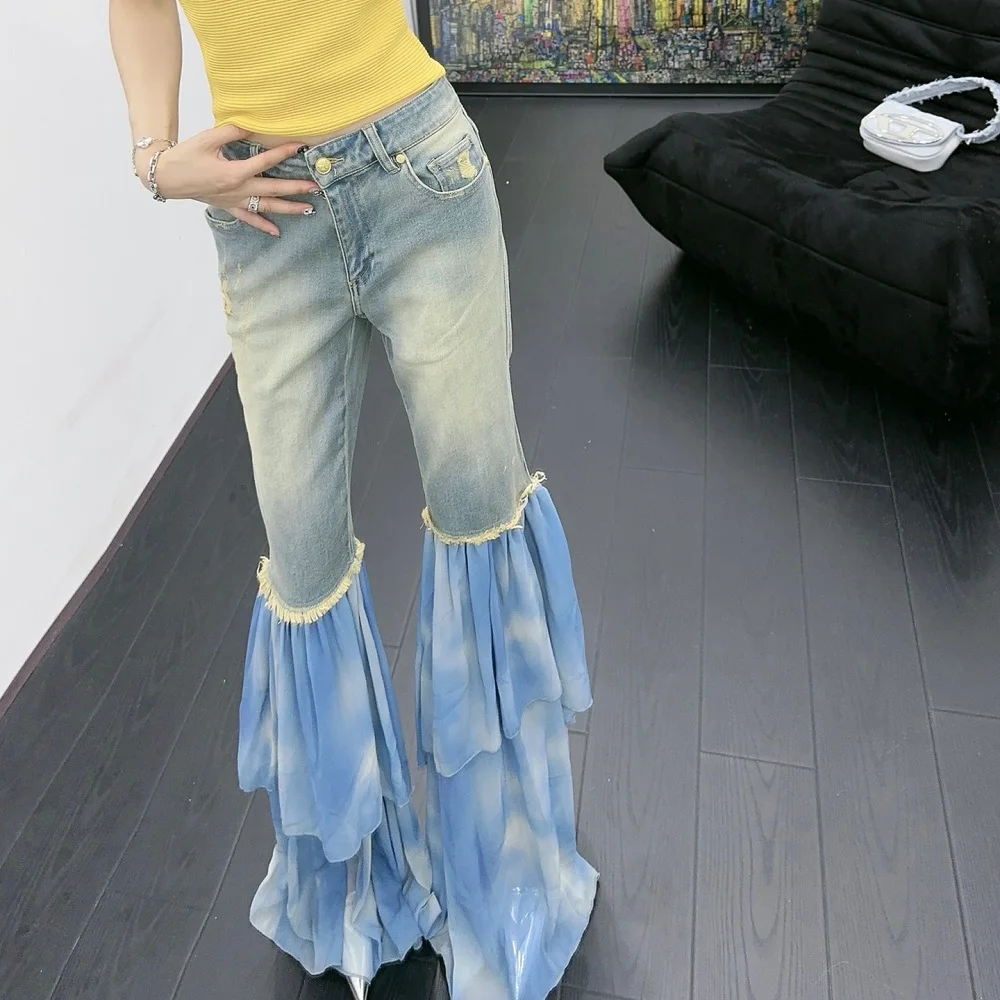 2023 Women's jeans trend sewing stitching ruffled women's tight trousers y2k clothes new fashion high -quality flared pants traf