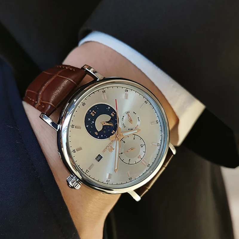 

AOKULASIC Corium Strap Multifunctional Full-automatic Watch for Men Automatic Mechanical Casual Waterproof Men Wristwatch Moon