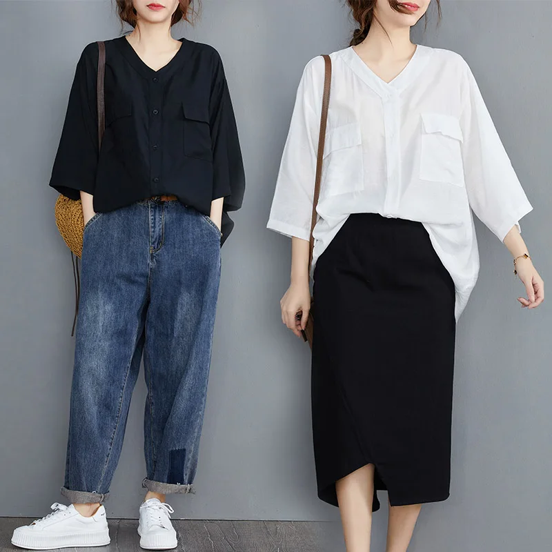 

2022 Summer New Korean Version Belly Covering Thin V-neck Top Solid Color Versatile Bat Sleeve Loose Shirt Women