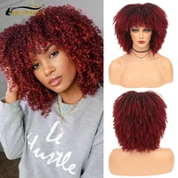 short afro kinky curly wigs with bangs for black women african synthetic ombre brown cosplay wig high lolita hair