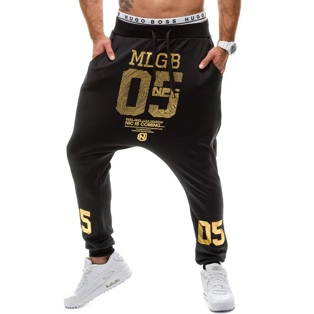 NEW 2022 Spring Autumn Casual Low Crotch Hip Hop Beam Foot Leg Pants Streetwear Street Dance Gold Number Printed Trousers Men