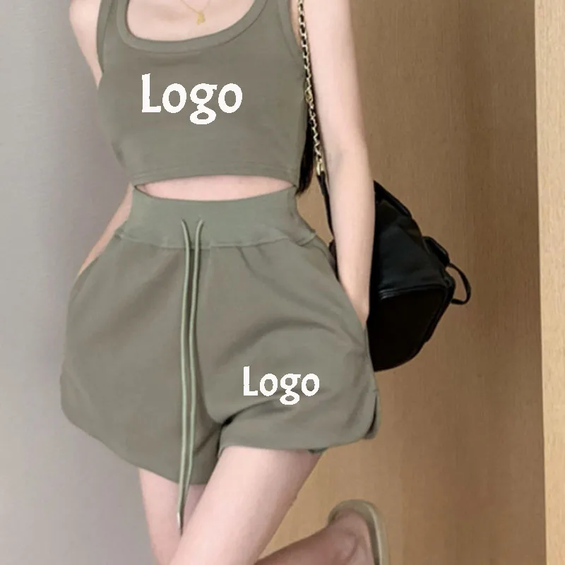 

Customizable Sports Vest Set Female Summer New Casual Fashion Age Reduction Sweet Spicy Girl Sleeveless Shorts Top Two-Piece Set