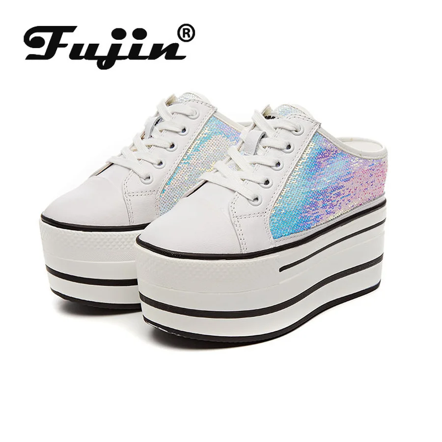 Fujin 12cm Full Cow Genuine Leather Women Slippers Platform Shoes Wedge Sneakers Hidden Heel Bling Bling Glitter Sandals Slides